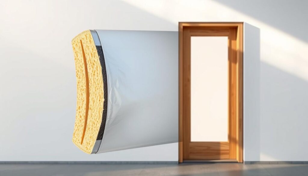 A detailed cross-section of a well-insulated exterior door, showcasing the effective thermal isolation techniques. In the foreground, a cutaway reveals the intricate layers of insulation materials - high-density foam, reflective foil, and dense fibrous batting - meticulously arranged to prevent heat transfer. The middle ground showcases the sturdy wooden frame and weatherstripping, ensuring a tight seal against drafts. The background depicts the door in its full context, integrated seamlessly into a minimalist architectural facade, bathed in soft, diffused natural lighting that accentuates the thermal efficiency of the design.