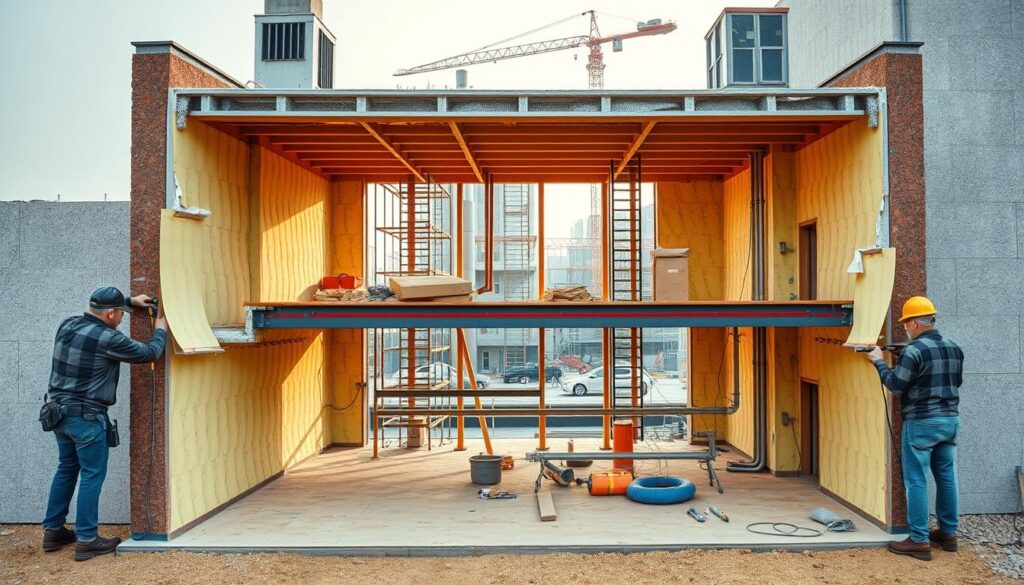 A detailed cross-section view of a building undergoing thermal insulation installation. The foreground shows workers carefully applying insulation panels to the exterior walls, using tools and equipment. The middle ground reveals the internal structure, with pipes, wiring, and framing visible. In the background, a construction site with scaffolding and cranes sets the scene. The lighting is natural, with warm tones reflecting the daytime setting. The overall mood is one of organized progress, highlighting the methodical steps involved in the building's thermal upgrade.
