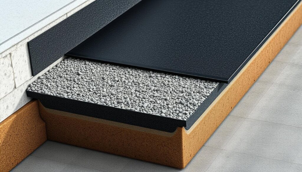 A detailed cross-section view of a concrete foundation, showcasing a comprehensive moisture-proofing system. In the foreground, a layer of bituminous damp-proof membrane wraps tightly around the base, creating a seamless barrier against rising damp. The middle ground features a sturdy gravel bed, providing proper drainage and preventing water accumulation. In the background, a layer of insulation material, such as rigid foam boards, sits snugly against the concrete, enhancing thermal efficiency and preventing heat loss. The scene is illuminated by a soft, even lighting, capturing the intricate textures and layers with clarity. The overall mood conveys a sense of reliability and durability, ensuring the longevity of the building's foundation.