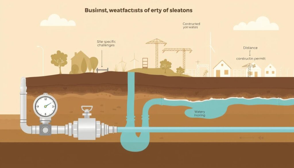 A detailed cross-sectional illustration of the key factors influencing the cost of a water connection to a property. Prominently displayed in the foreground, a water meter, pipes, and valves convey the essential infrastructure components. In the middle ground, excavation work, terrain features, and distance from the main water line highlight the site-specific challenges. The background depicts the municipal water supply network, construction permits, and regulations, underscoring the administrative and legal considerations. Warm, muted tones create a technical, informative atmosphere, with balanced lighting and a clean, technical aesthetic throughout the composition. A detailed cross-sectional illustration of the key factors influencing the cost of a water connection to a property. Prominently displayed in the foreground, a water meter, pipes, and valves convey the essential infrastructure components. In the middle ground, excavation work, terrain features, and distance from the main water line highlight the site-specific challenges. The background depicts the municipal water supply network, construction permits, and regulations, underscoring the administrative and legal considerations. Warm, muted tones create a technical, informative atmosphere, with balanced lighting and a clean, technical aesthetic throughout the composition.