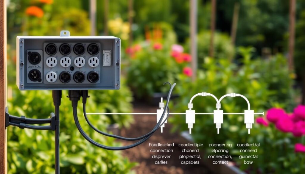A detailed diagram showcasing the available options for electrical connections in an allotment garden (ROD). The foreground features a central power distribution box with multiple connection ports, depicted in a technical, engineering-inspired style. In the middle ground, various cable connections are visible, representing the different wiring configurations and capacities. The background depicts a lush, verdant garden setting to complement the practical subject matter, with a soft, natural lighting that enhances the clarity of the technical elements. The overall composition conveys a sense of informed decision-making, guiding the viewer through the nuanced choices for an optimal electrical setup within the allotment garden context.