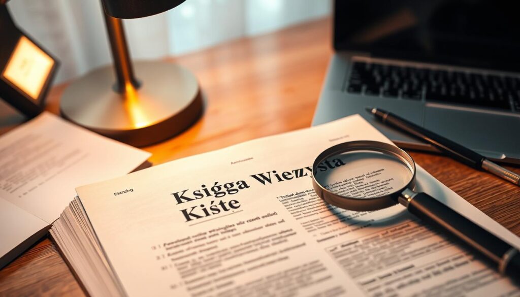 A detailed document with an open book resting on a wooden desk, surrounded by a laptop, pen, and magnifying glass. The book's pages are illuminated by a warm desk lamp, casting a cozy glow across the scene. The document's title "Księga Wieczysta" is prominently displayed, hinting at the legal and financial nature of the subject matter. The composition emphasizes the importance of carefully examining the details within the book, with the magnifying glass suggesting a closer inspection. The overall mood is one of diligence and attention to detail, reflecting the need to thoroughly understand the content of the legal document. A detailed document with an open book resting on a wooden desk, surrounded by a laptop, pen, and magnifying glass. The book's pages are illuminated by a warm desk lamp, casting a cozy glow across the scene. The document's title "Księga Wieczysta" is prominently displayed, hinting at the legal and financial nature of the subject matter. The composition emphasizes the importance of carefully examining the details within the book, with the magnifying glass suggesting a closer inspection. The overall mood is one of diligence and attention to detail, reflecting the need to thoroughly understand the content of the legal document.