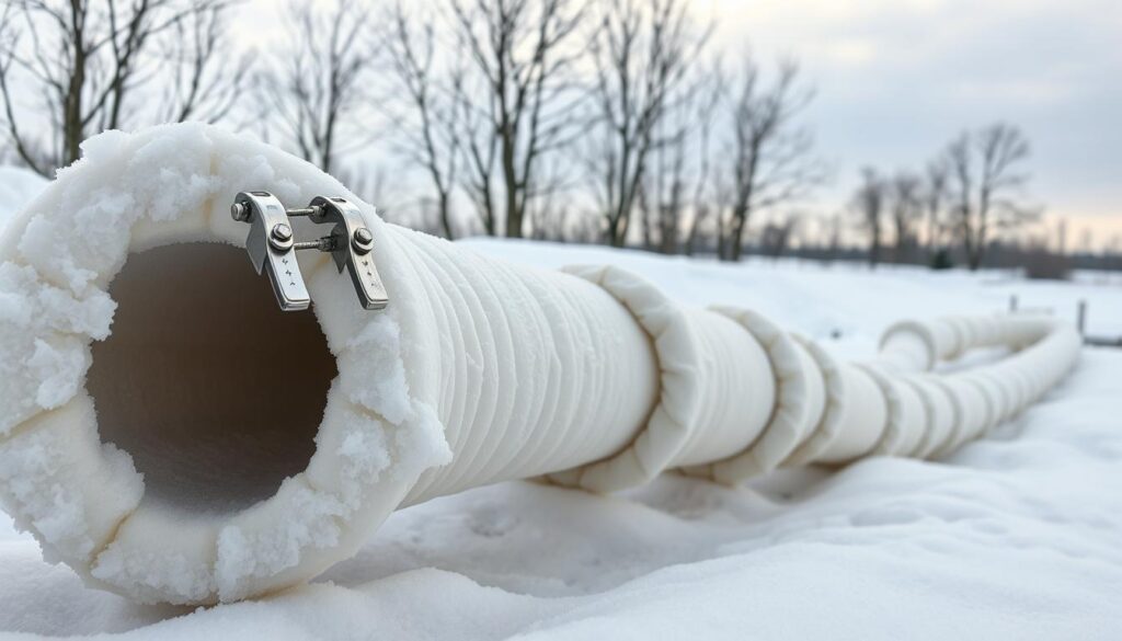 A detailed exterior view of insulated water pipes against a snowy winter landscape. The pipes are wrapped in thick, insulating foam tubing, with metal clamps securing the insulation in place. The ground is covered in a fresh layer of pristine white snow, and the scene is illuminated by a soft, overcast sky that casts a gentle, diffused light across the environment. In the background, bare trees stand silhouetted against the horizon, adding depth and a sense of the outdoor setting. The overall composition conveys a practical, functional approach to protecting exposed water pipes from the cold, with a focus on the technical details of the insulation process.