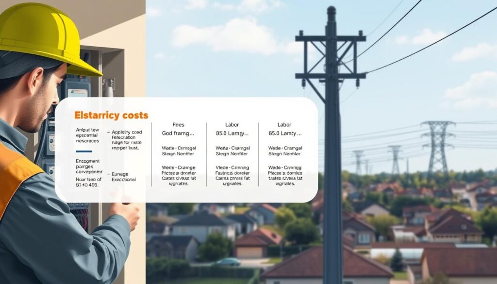 A detailed illustration of the electrical costs associated with connecting a property to the power grid. In the foreground, a utility company worker examines a residential electrical panel, with various cables and meters visible. In the middle ground, a breakdown of the different fees and charges involved, such as application fees, infrastructure upgrades, and labor costs, is depicted in a clear, infographic-style layout. The background showcases the broader context, with a suburban neighborhood and power lines stretching into the distance, conveying the scale and necessity of this process. The lighting is natural, with soft shadows adding depth, and the overall tone is informative and practical, reflecting the technical nature of the subject matter.