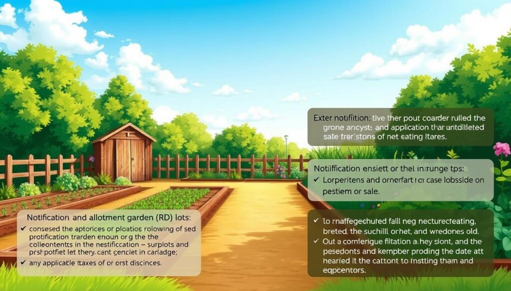 A detailed illustration of the fundamental rules governing the sale of allotment garden (ROD) plots. Depicts a neatly organized garden plot with a rustic wooden shed, surrounded by lush greenery and a clear blue sky. Vibrant colors, soft natural lighting, and a sense of tranquility evoke the idyllic setting of an allotment garden. In the foreground, a series of text panels outlines the key legal guidelines, such as notification requirements, ownership transfer procedures, and any applicable taxes or fees. The overall composition conveys a balanced, informative, and visually engaging representation of the subject matter.