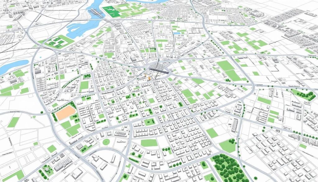 A detailed, large-scale aerial view of a municipal spatial development plan, showcasing a complex urban landscape. The plan is depicted on a crisp, high-resolution map with clear zoning boundaries, transportation networks, and key infrastructure elements. The layout is organized and well-structured, allowing for easy interpretation of land use designations, such as residential, commercial, and recreational areas. The image conveys a sense of comprehensive urban planning, with a focus on efficient land utilization and balanced development. The lighting is neutral, providing clear visibility without distracting shadows or highlights. The perspective is angled to provide a broad, encompassing view, emphasizing the interconnected nature of the different zones within the plan.