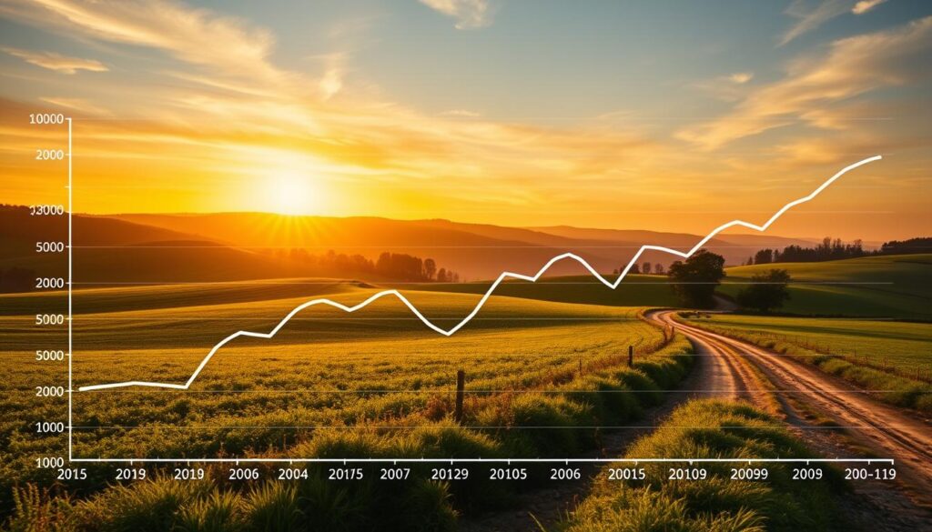 A detailed line graph depicting the historical trends in Polish farmland prices, set against a backdrop of rolling hills and a vibrant sky. The foreground features a clean, minimalist presentation of the price data, with clear lines and labels to highlight key insights. The middle ground showcases a picturesque rural landscape, with lush green fields, tall trees, and a winding dirt road leading into the distance. In the background, a warm, golden-hour lighting casts a soft glow over the entire scene, evoking a sense of tranquility and contemplation. The overall composition conveys a thoughtful, analytical mood, inviting the viewer to delve into the nuances of the farmland price trends.