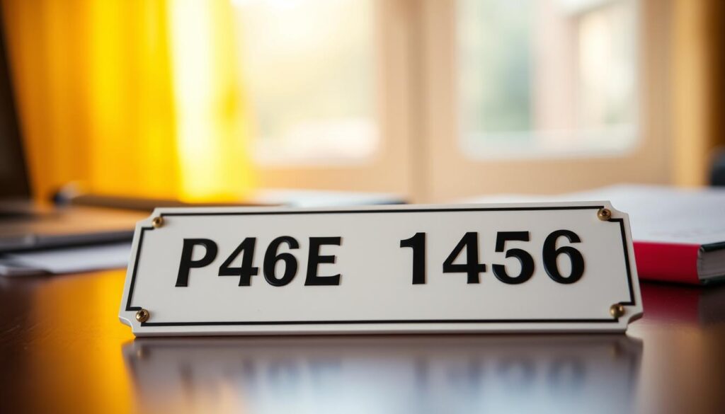 A detailed, meticulously designed land parcel number plate resting on a desk, illuminated by warm, natural lighting from a window. The plate has a classic, official appearance, with crisp, legible text and a clean, minimalist aesthetic. The background is blurred, creating a sense of focus and emphasis on the parcel number. The overall composition conveys a sense of authority, organization, and the importance of this specific piece of information. The lighting and depth of field create a professional, documentary-style atmosphere suitable for an informative article.