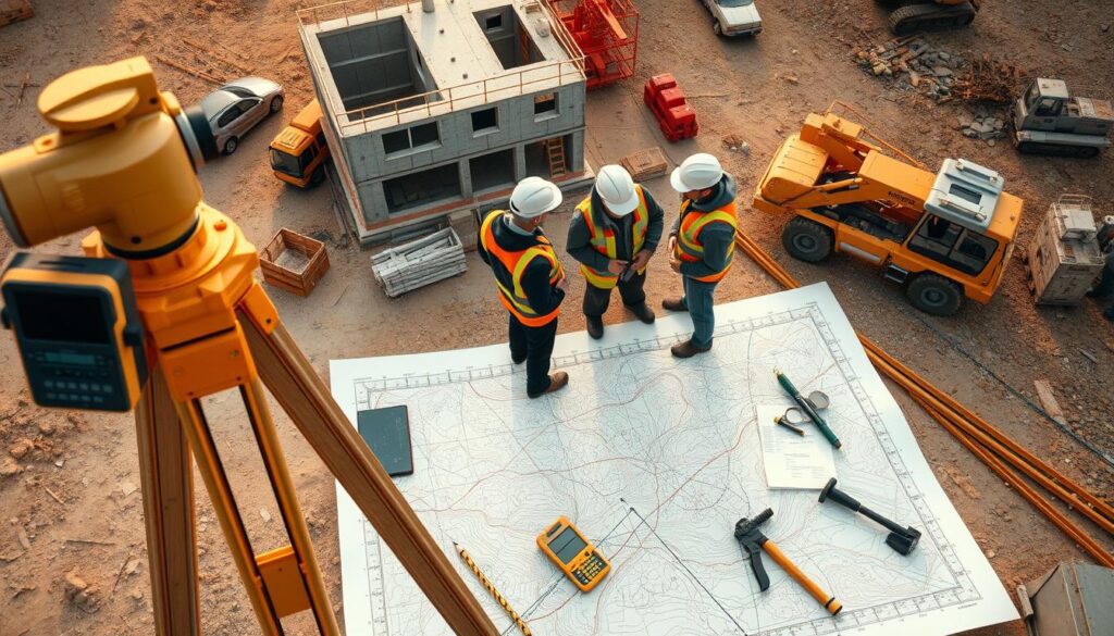 A detailed overhead view of a construction site with various tools and equipment used by land surveyors and geodesists. In the foreground, a surveyor's tripod, a GPS receiver, and a laser distance meter are prominently displayed. In the middle ground, a group of surveyors are gathered around a topographic map, discussing measurements and calculations. In the background, a partly constructed building and heavy machinery, such as an excavator and a crane, are visible, representing the different stages of a construction project. The scene is illuminated by warm, natural lighting, creating a sense of professionalism and expertise in the field of land surveying and geodesy. The overall mood is one of careful planning, precise measurements, and the importance of accurate data for successful construction projects.