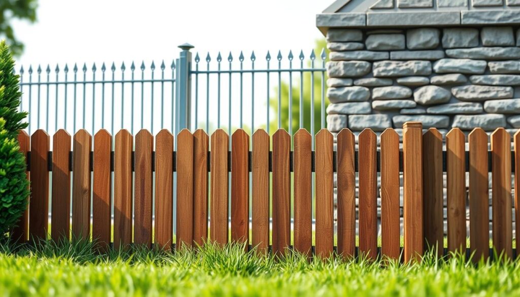 A detailed, realistic rendering of a residential property fence, showcasing various fencing materials and costs. The foreground depicts a well-maintained wooden fence, its planks evenly spaced and stained a rich, earthy tone. In the middle ground, a sleek, modern metal fence stands tall, its polished steel bars glinting in the soft, diffused lighting. The background features a classic stone wall, its rough-hewn blocks suggesting a timeless, sturdy construction. The scene conveys a sense of balance, highlighting the range of fencing options and their associated costs for a typical suburban plot. The lighting is natural, with soft shadows and highlights that accentuate the textures and materials. The overall composition provides a comprehensive visual reference for the "Koszt ogrodzenia działki" section of the article.
