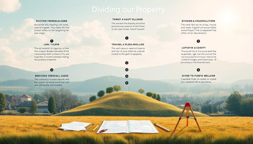A detailed step-by-step guide to dividing a property, showcasing the procedural steps in a clear and visually appealing manner. The scene depicts a serene, sunlit suburban landscape with a prominent plot of land in the foreground. Architectural diagrams, surveying tools, and cadastral maps are meticulously arranged, conveying the technical and legal aspects of the land division process. The image should strike a balance between informative and aesthetically pleasing, guiding the viewer through the necessary steps with clarity and precision.