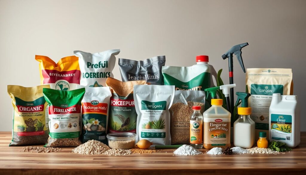 A detailed still life of various types of fertilizers arranged on a wooden table, illuminated by soft, natural lighting from the side. The foreground features different bags and containers of organic and inorganic fertilizers, including granular, powdered, and liquid formulations. The middle ground showcases different fertilizer applicators and tools. The background has a simple, clean backdrop, allowing the diverse fertilizer products to be the focal point. The overall composition conveys a sense of professionalism and authority on the subject of fertilizers and their applications.
