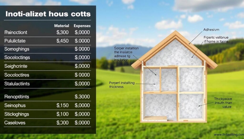 A detailed, technical diagram depicting the costs associated with insulating a house with polystyrene foam. Prominently featured in the foreground is a neatly labeled breakdown of material expenses, including the prices per square meter for the insulation, adhesives, and other necessary components. In the middle ground, a cross-section of a house showcases the proper installation of the insulation, with clear annotations highlighting the recommended thickness and R-value. The background features a serene, naturalistic landscape, conveying a sense of eco-friendliness and energy efficiency. The overall mood is informative and educational, with a focus on providing the viewer with a comprehensive understanding of the financial implications of this home improvement project. A detailed, technical diagram depicting the costs associated with insulating a house with polystyrene foam. Prominently featured in the foreground is a neatly labeled breakdown of material expenses, including the prices per square meter for the insulation, adhesives, and other necessary components. In the middle ground, a cross-section of a house showcases the proper installation of the insulation, with clear annotations highlighting the recommended thickness and R-value. The background features a serene, naturalistic landscape, conveying a sense of eco-friendliness and energy efficiency. The overall mood is informative and educational, with a focus on providing the viewer with a comprehensive understanding of the financial implications of this home improvement project.