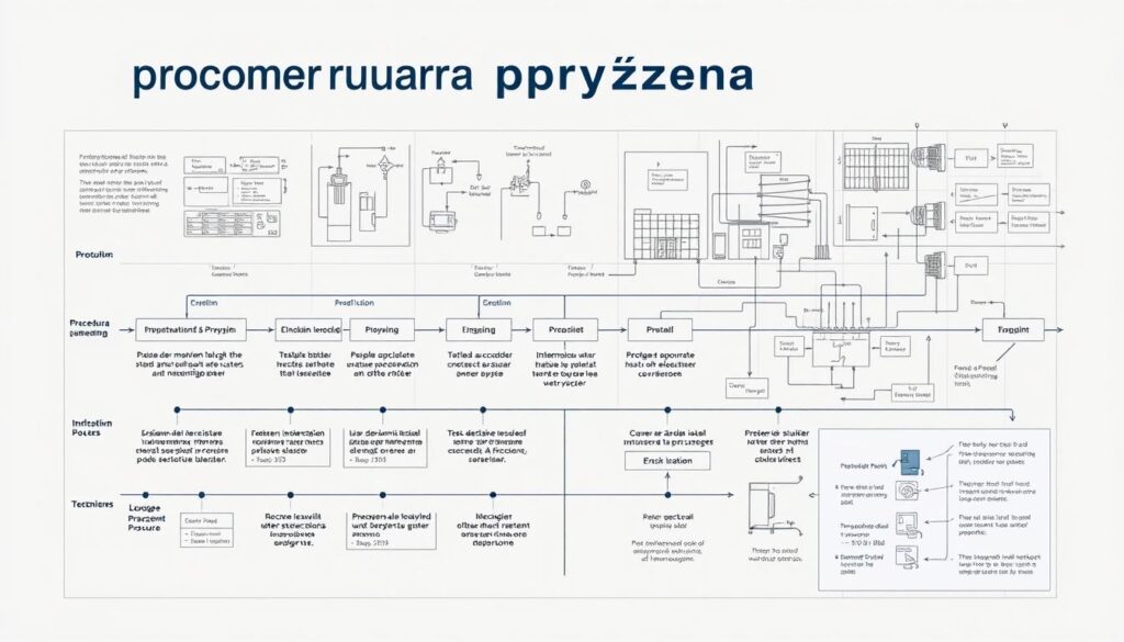 A detailed technical diagram depicting the "procedura przyłączenia" process. The foreground shows a step-by-step flowchart with distinct stages and decision points, rendered in a clean, technical style with precise vector graphics. The middle ground features engineering schematics and architectural plans, conveying the complex infrastructure involved. The background contains a neutral, slightly muted color palette, with subtle grid lines and technical annotations to reinforce the industrial, engineering-focused atmosphere. Bright, directional lighting casts sharp shadows, emphasizing the technical precision. The overall mood is one of systematic, methodical problem-solving, suitable for illustrating the section on the electrical connection procedure.