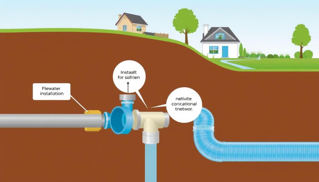 A detailed technical illustration of the step-by-step process for connecting a water supply to a property. The image depicts the key stages in a clear, schematic style, with labeled components and clean linework. The foreground shows the main water pipe and meter installation, the middle ground features the excavation work and pipe connection, and the background showcases the property boundaries and landscaping. The lighting is bright and even, with a crisp, technical feel. The overall composition conveys a sense of order, precision, and practical information to guide the viewer through the water connection procedure. A detailed technical illustration of the step-by-step process for connecting a water supply to a property. The image depicts the key stages in a clear, schematic style, with labeled components and clean linework. The foreground shows the main water pipe and meter installation, the middle ground features the excavation work and pipe connection, and the background showcases the property boundaries and landscaping. The lighting is bright and even, with a crisp, technical feel. The overall composition conveys a sense of order, precision, and practical information to guide the viewer through the water connection procedure.