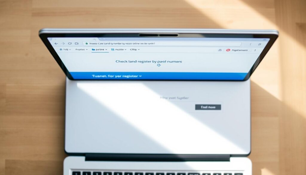 A detailed top-down view of a laptop computer screen displaying a web browser window, showcasing the process of checking a land registry number by parcel number. The screen presents a clean, user-friendly interface with intuitive navigation, emphasizing the simplicity and accessibility of the online land registry lookup. Soft, natural lighting illuminates the scene, creating a calming and professional atmosphere. The composition highlights the laptop's modern, sleek design, seamlessly integrating the digital interface with the physical device. The overall image conveys the ease and convenience of accessing land registry information through a straightforward online platform.