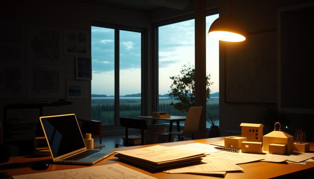 A dimly lit architectural office, the walls adorned with technical drawings and blueprints. In the foreground, a desk with a laptop and a stack of documents, the title "Wyjątki od ogólnych przepisów budowlanych" prominently displayed. The lighting casts a warm, focused glow, accentuating the details of the architectural models and sketches scattered around the room. The background features a large window overlooking a serene landscape, hinting at the interplay between regulations and the natural environment. The overall atmosphere conveys a sense of contemplation and problem-solving, reflecting the complexities of navigating building code exceptions.
