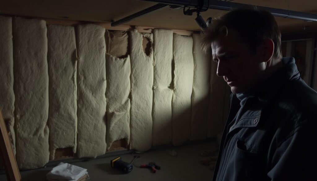 A dimly lit garage interior, the walls lined with insulation panels haphazardly installed. Gaps and cracks are visible, letting in the cold. In the foreground, a person examines the poor installation, a look of frustration on their face. Scattered tools and materials suggest an unfinished project. The lighting is harsh, casting long shadows and emphasizing the imperfections. The overall scene conveys a sense of ineffective insulation and the challenges of properly weatherproofing a garage space. A dimly lit garage interior, the walls lined with insulation panels haphazardly installed. Gaps and cracks are visible, letting in the cold. In the foreground, a person examines the poor installation, a look of frustration on their face. Scattered tools and materials suggest an unfinished project. The lighting is harsh, casting long shadows and emphasizing the imperfections. The overall scene conveys a sense of ineffective insulation and the challenges of properly weatherproofing a garage space.