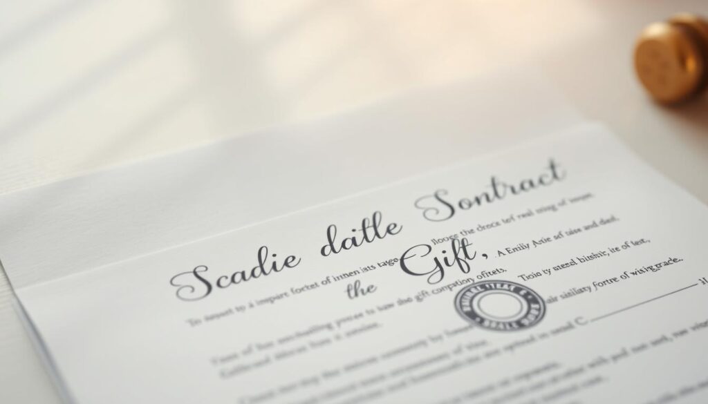 A formal contract of real estate sale and gift, with elegant cursive script and subtle hues of a notary's seal. Set against a soft, muted background, the document's details are carefully highlighted, conveying the gravity and significance of this legal transaction. Sunlight filters in from a nearby window, casting a warm glow and lending an air of professionalism and authenticity to the scene. The composition is balanced, drawing the viewer's eye to the essential elements of the agreement, ready to be signed and sealed.