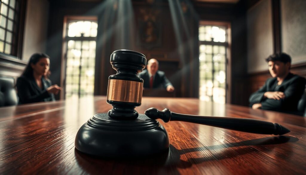 A gavel slamming down on a wooden table, casting a dramatic shadow across a stark, high-contrast courtroom scene. The judge's stern expression and the defendant's anxious posture convey the gravity of the illegal tree-cutting offense. Beams of light stream through the courthouse windows, illuminating the tension in the air. The background is blurred, focusing attention on the central figures and the consequences of their actions. A sense of justice and accountability permeates the image.