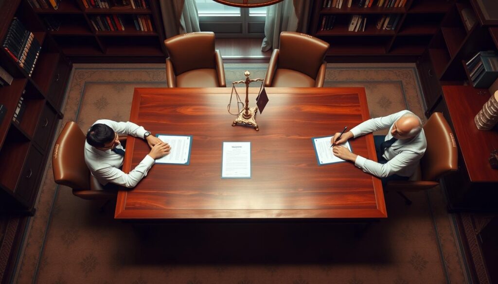 A high-angle view of a formal office setting, with a large wooden desk at the center. Two individuals, representing a buyer and a seller, are seated on opposite sides, engaged in a discussion. The lighting is warm and slightly dimmed, creating an atmosphere of professional negotiation. The background features bookshelves and a window, suggesting a notary's office. The composition emphasizes the division of notarial fees between the parties, with subtle visual cues hinting at the negotiation process. The scene conveys a sense of balance, cooperation, and the resolution of a legal transaction. A high-angle view of a formal office setting, with a large wooden desk at the center. Two individuals, representing a buyer and a seller, are seated on opposite sides, engaged in a discussion. The lighting is warm and slightly dimmed, creating an atmosphere of professional negotiation. The background features bookshelves and a window, suggesting a notary's office. The composition emphasizes the division of notarial fees between the parties, with subtle visual cues hinting at the negotiation process. The scene conveys a sense of balance, cooperation, and the resolution of a legal transaction.