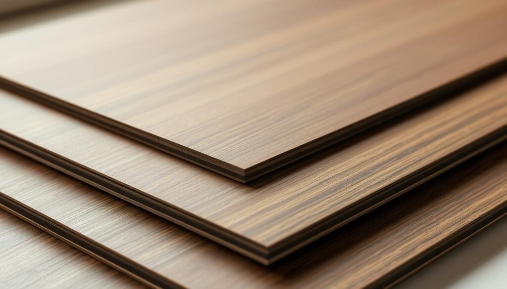 A high-resolution close-up view of several phenolic resin panels, also known as "płyty rezolowe" in Polish, arranged in a layered composition. The panels have a smooth, uniform surface texture with a rich, dark brown color. The lighting is soft and diffused, highlighting the natural grain and subtle variations in the material. The panels are positioned at varying angles, creating a sense of depth and dimensionality. The background is slightly blurred, allowing the panels to be the focal point of the image. The overall atmosphere is one of clean, modern design and sustainable, eco-friendly materials.