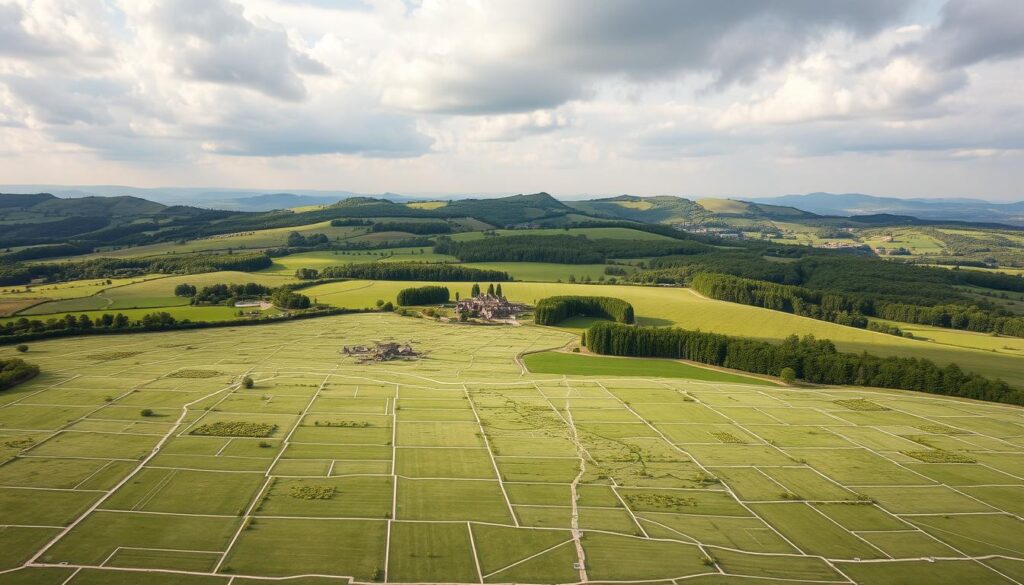 A high-resolution, detailed map of land parcels spread across a rolling rural landscape. The foreground features an intricate grid of neatly delineated plots, their boundaries clearly marked with thin lines. The middle ground showcases a mix of lush vegetation, including verdant fields and clusters of trees, creating a sense of depth and natural harmony. In the background, gentle hills and a softly clouded sky set a tranquil, serene atmosphere. The lighting is natural and diffused, casting long shadows that add depth and dimension to the scene. The overall impression is of a comprehensive, easy-to-navigate cartographic representation of a real-world land management system. A high-resolution, detailed map of land parcels spread across a rolling rural landscape. The foreground features an intricate grid of neatly delineated plots, their boundaries clearly marked with thin lines. The middle ground showcases a mix of lush vegetation, including verdant fields and clusters of trees, creating a sense of depth and natural harmony. In the background, gentle hills and a softly clouded sky set a tranquil, serene atmosphere. The lighting is natural and diffused, casting long shadows that add depth and dimension to the scene. The overall impression is of a comprehensive, easy-to-navigate cartographic representation of a real-world land management system.