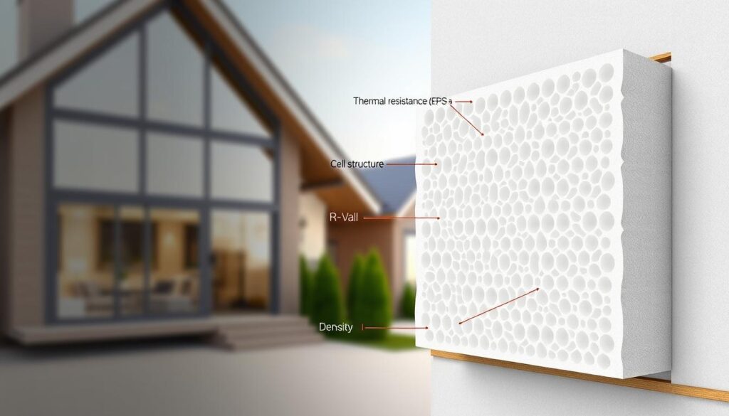 A high-resolution, photorealistic illustration of the insulating properties of expanded polystyrene foam (EPS), also known as styrofoam. The image should depict a cross-section of an EPS panel, with a cutaway view showcasing the intricate network of air pockets that provide effective thermal insulation. The foreground should feature a detailed, labeled diagram highlighting the key characteristics, such as cell structure, thermal resistance (R-value), and density. The middle ground should show the EPS panel in context, installed within the wall cavity of a modern, energy-efficient home. The background should provide a soft, blurred view of the exterior of the house, conveying a sense of the material's role in improving energy efficiency and reducing heating/cooling costs. A high-resolution, photorealistic illustration of the insulating properties of expanded polystyrene foam (EPS), also known as styrofoam. The image should depict a cross-section of an EPS panel, with a cutaway view showcasing the intricate network of air pockets that provide effective thermal insulation. The foreground should feature a detailed, labeled diagram highlighting the key characteristics, such as cell structure, thermal resistance (R-value), and density. The middle ground should show the EPS panel in context, installed within the wall cavity of a modern, energy-efficient home. The background should provide a soft, blurred view of the exterior of the house, conveying a sense of the material's role in improving energy efficiency and reducing heating/cooling costs.