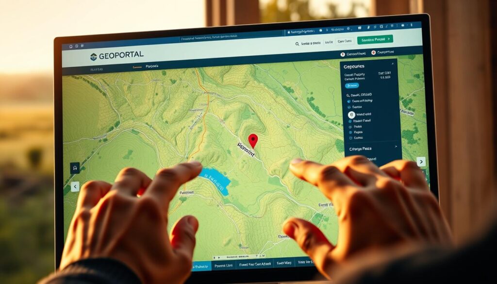 A highly detailed, photorealistic image of a computer screen displaying the Geoportal website, prominently featuring a map of a rural landscape with a highlighted property lot. The map is rendered with precise cartographic accuracy, displaying terrain features, roads, and other geographic elements. The screen is illuminated by warm, natural lighting, creating a sense of clarity and focus. The user's hands are visible, interacting with the map controls and interface, guiding the viewer through the process of locating a specific land parcel. The overall scene conveys a sense of informative guidance, empowering the user to navigate the Geoportal and find the desired property.