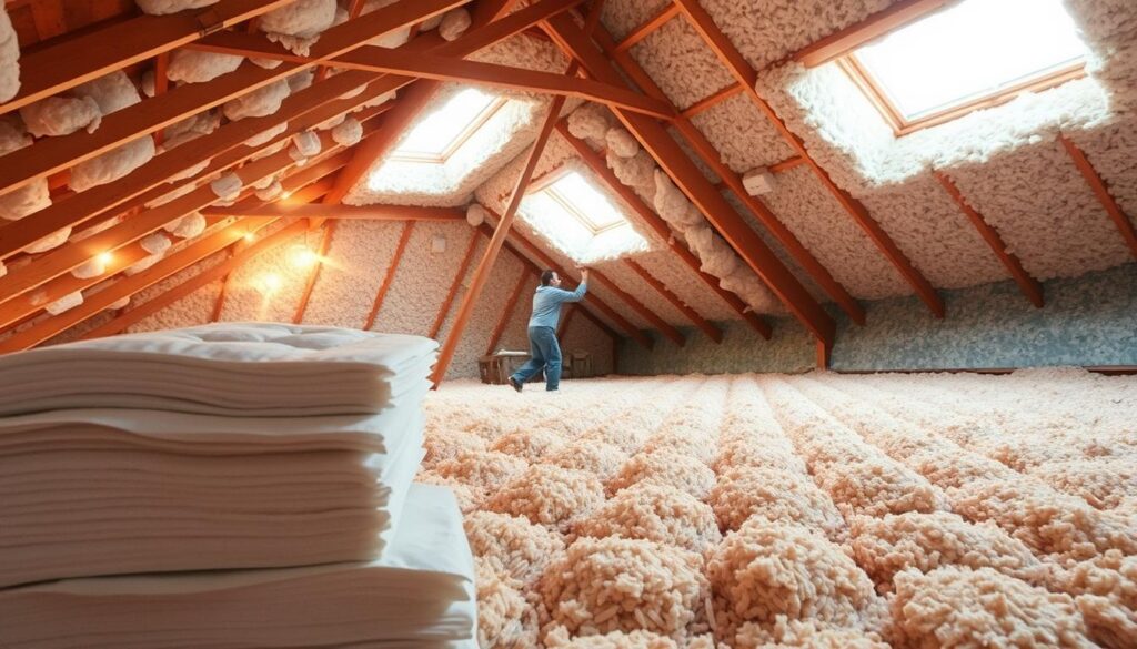 A large, well-insulated attic space with various methods of ceiling insulation clearly displayed. In the foreground, a neatly stacked pile of fiberglass batts and rolls, their thermal resistance values visible. Behind it, a worker carefully installing blown-in cellulose insulation into the ceiling cavities, creating an even, seamless layer. In the background, a section of the ceiling features rigid foam boards, their edges carefully sealed to prevent thermal bridges. Warm, natural lighting filters in through skylights, highlighting the different insulation materials and techniques. The overall scene conveys a sense of expertise, efficiency, and a commitment to maximizing the thermal performance of the attic space.