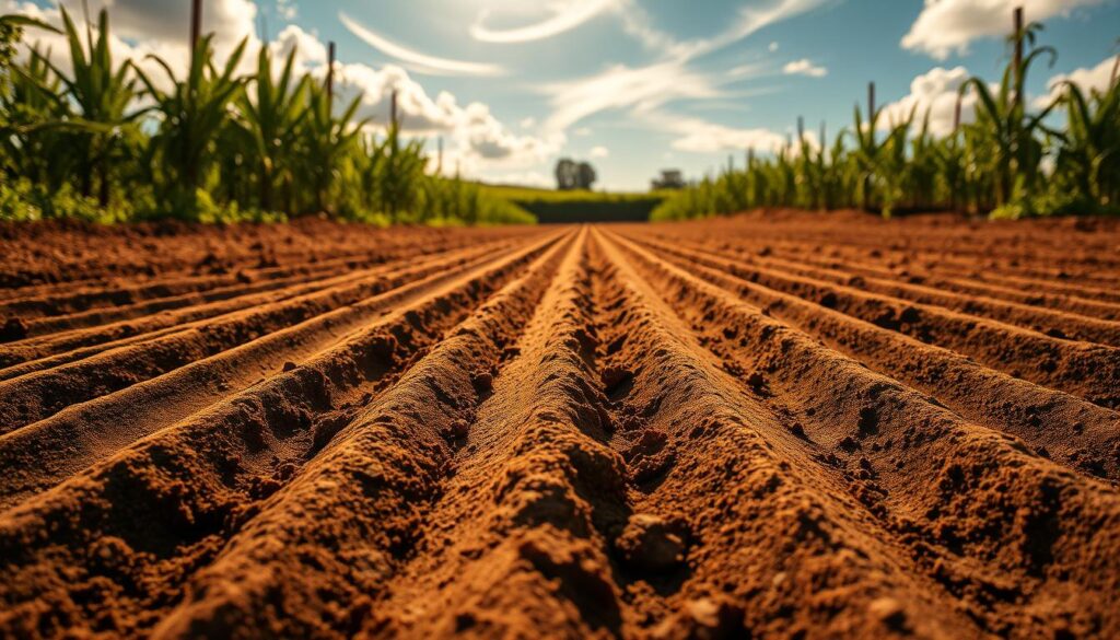 A lush garden plot with neat, evenly spaced furrows running across the soil, illuminated by warm, golden sunlight filtering through wispy clouds. The foreground features the freshly tilled earth, its rich, dark hue accentuated by the shallow furrows, while the background showcases a verdant landscape of thriving plants and a clear blue sky. The camera is positioned at a low angle, capturing the satisfying texture and structure of the ridges, conveying a sense of orderly productivity and the promise of a bountiful harvest. The overall scene exudes a tranquil, pastoral atmosphere, inviting the viewer to envision the process of creating these well-defined rows for cultivating crops or flowers.