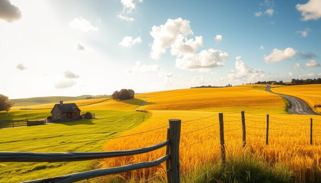 A lush, rolling landscape with a clear divide - on the left, a verdant, well-tended homestead, complete with a cozy cottage, a well-manicured garden, and neatly fenced boundaries. On the right, a vast expanse of golden wheat fields, swaying gently in the breeze. The foreground features a weathered wooden fence, its posts firmly anchored in the soil, delineating the boundary between the two distinct properties. Warm, golden sunlight filters through scattered clouds, casting a soft, almost dreamlike glow over the entire scene. In the distance, a winding country road leads the eye towards the horizon, where a cluster of trees and a few scattered buildings hint at a quaint, rural community. The overall atmosphere evokes a sense of tranquility and the harmonious coexistence of residential and agricultural land.