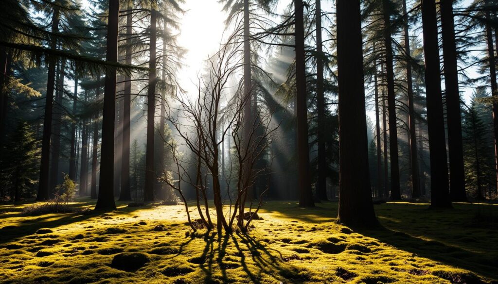 A lush, sun-dappled forest, with tall, stately trees casting long shadows across a mossy undergrowth. In the foreground, a group of deciduous trees, their branches bare, stand out against the evergreens in the middle ground. The scene conveys a sense of tranquility, with soft, diffuse lighting illuminating the serene landscape. The composition focuses on the trees that can be legally felled without a permit, suggesting their prominence and the central role they play in the narrative. The overall mood is one of contemplation, inviting the viewer to consider the nuances of the subject matter.