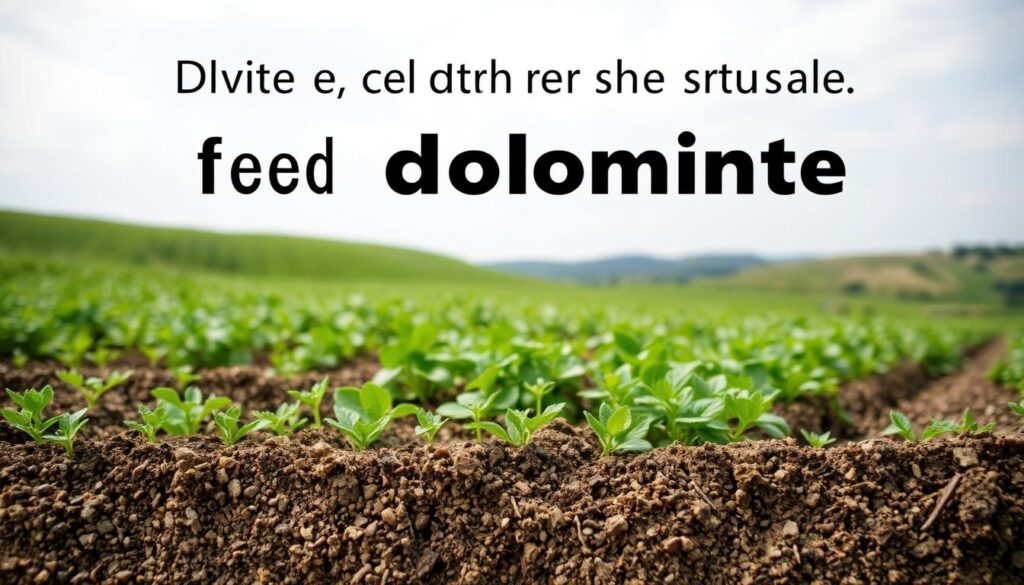 A lush, verdant field with a focus on the soil structure, showcasing the impact of dolomite. In the foreground, a cross-section of the earth reveals the granular, well-aerated texture of the soil, enriched by the dolomite mineral. The middle ground features vibrant, healthy plants thriving in the nutrient-rich environment. In the background, rolling hills and a cloudless sky create a serene, natural setting. The lighting is soft and diffuse, highlighting the earthy tones and the beneficial effects of the dolomite on the soil's composition. Captured with a wide-angle lens to provide a comprehensive view of the scene.