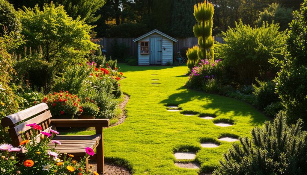 A lush, verdant garden plot with a neatly tended lawn, surrounded by a variety of thriving shrubs, flowers, and trees. In the foreground, a wooden bench invites relaxation, flanked by colorful blooms. Meandering pathways lead through the scene, guiding the eye towards a charming garden shed in the middle distance, its weathered boards and rustic charm adding character. In the background, the silhouette of a picturesque fence frames the tranquil setting, casting long shadows under the warm afternoon sun. An atmosphere of peaceful productivity and harmonious integration of nature and human elements.