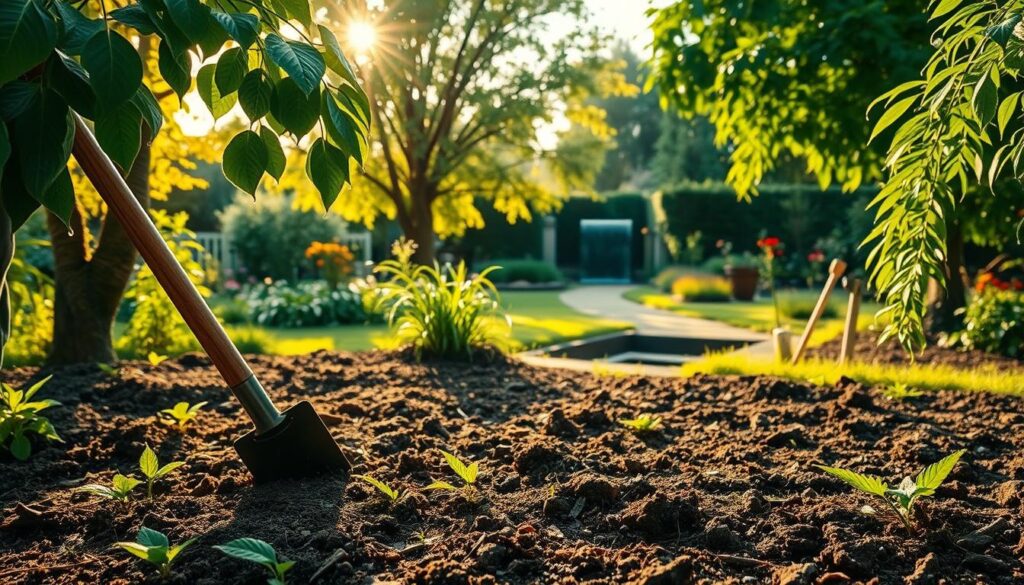 A lush, verdant garden scene with a focus on reducing moisture to combat garden slugs and snails. In the foreground, a gardener carefully aerates the soil, exposing it to the warm, golden sunlight that filters through the trees in the middle ground. Droplets of water cling to the leaves, signaling the need for drier conditions. In the background, a well-maintained path winds through the garden, leading the eye towards a small, trickling water feature that could be redirected or eliminated. The overall atmosphere is one of diligence and ecological balance, conveying the idea of mindful pest control through strategic moisture reduction. A lush, verdant garden scene with a focus on reducing moisture to combat garden slugs and snails. In the foreground, a gardener carefully aerates the soil, exposing it to the warm, golden sunlight that filters through the trees in the middle ground. Droplets of water cling to the leaves, signaling the need for drier conditions. In the background, a well-maintained path winds through the garden, leading the eye towards a small, trickling water feature that could be redirected or eliminated. The overall atmosphere is one of diligence and ecological balance, conveying the idea of mindful pest control through strategic moisture reduction.