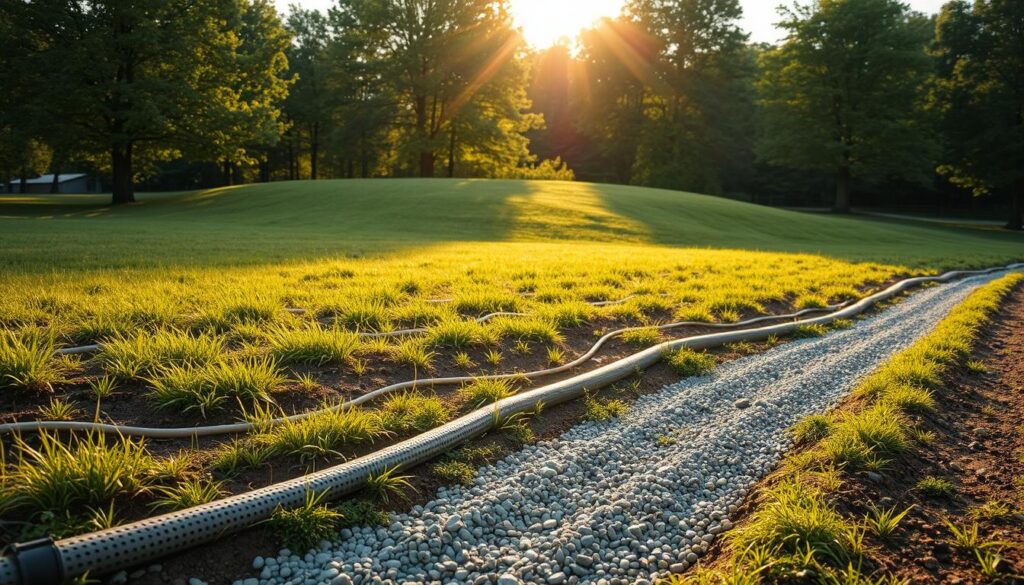 A lush, verdant landscape with a well-drained plot of land, showcasing various effective drainage methods. In the foreground, a network of perforated pipes and gravel channels gracefully guide excess water away from the soil. Gently sloping terrain in the middle ground facilitates natural runoff, while strategically placed swales and bioswales seamlessly integrate into the scenery. In the background, a picturesque tree line frames the scene, creating a sense of balance and harmony. The warm, golden sunlight filters through the leaves, casting a soft, natural glow over the entire composition. The overall atmosphere conveys a well-planned, functional, and visually appealing drainage system tailored to the specific needs of the property.