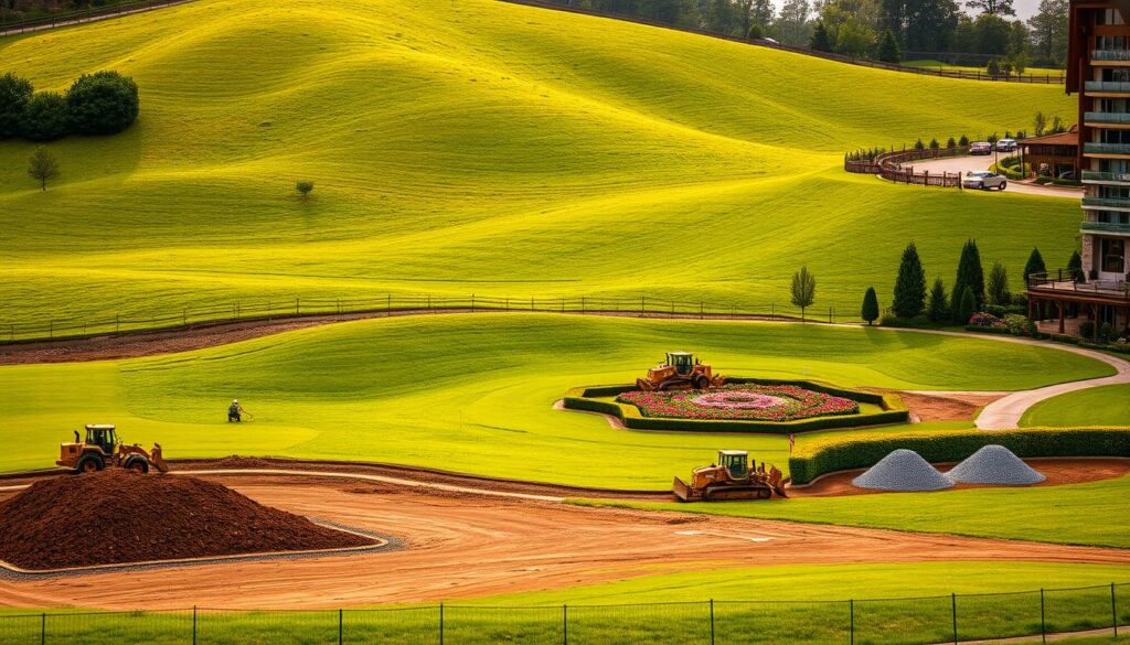 A lush, verdant landscape with undulating hills and a gentle slope. In the foreground, a team of construction workers carefully operating heavy machinery, expertly leveling the ground with precision. Piles of soil and gravel lie neatly organized, ready for the next phase of the process. The midground features a well-maintained garden with vibrant flowers and neatly trimmed hedges, hinting at the meticulously groomed nature of the space. In the background, a blend of modern and rustic architectural elements, suggesting a harmonious integration of the built environment with the natural surroundings. Warm, diffused lighting casts a soft glow, creating a serene and inviting atmosphere. The overall scene conveys a sense of order, planning, and attention to detail in the process of land preparation.
