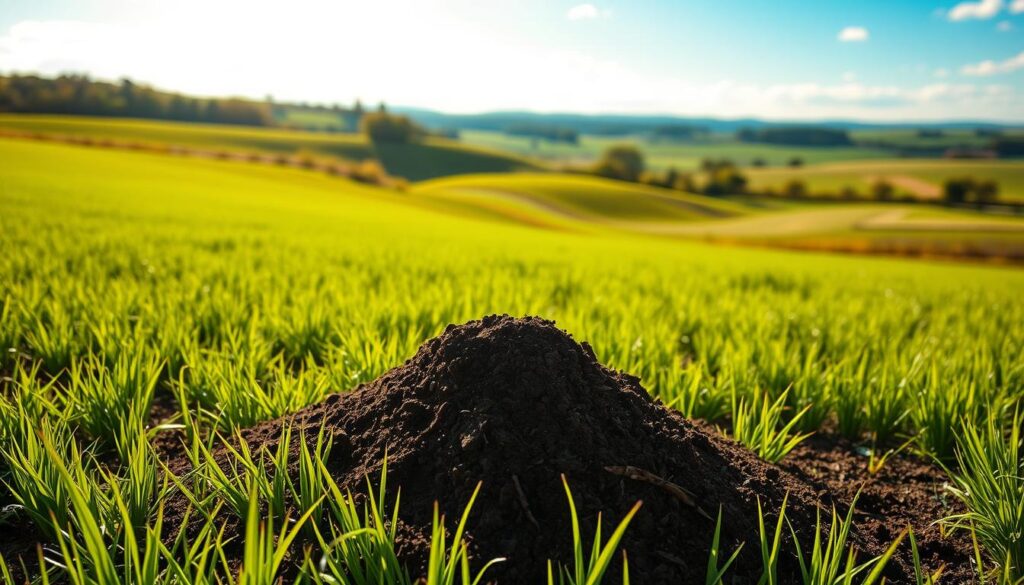 A lush, verdant meadow bathed in warm, golden sunlight. In the foreground, a precise, measured pile of rich, dark compost or fertilizer sits atop the soil, its texture and volume precisely calculated. Surrounding the pile, blades of grass sway gently in a light breeze, creating a sense of tranquility and natural harmony. In the middle ground, the rolling contours of a well-tended garden plot stretch out, the soil ready to receive the nourishing materials. In the distance, a picturesque countryside landscape unfolds, with rolling hills, scattered trees, and a clear blue sky overhead, creating a sense of expansive space and natural beauty. The entire scene conveys a balance between human cultivation and the natural world, with the pile of fertilizer serving as the focal point and a symbol of the careful management required for a healthy, thriving garden.