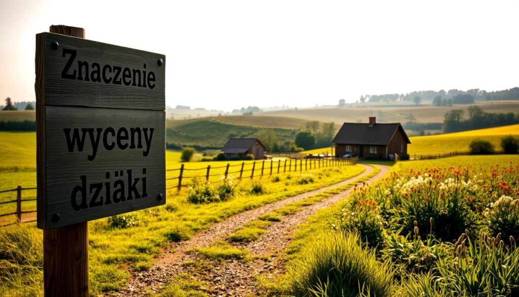 A lush, verdant plot of land nestled in a serene, sun-dappled countryside. In the foreground, a wooden signage stands tall, its weathered surface etched with the phrase "Znaczenie wyceny działki" - the significance of land valuation. The middle ground reveals a quaint farmhouse, its rustic charm complemented by a neatly fenced garden and a winding gravel path leading towards the horizon. The background showcases rolling hills, dotted with vibrant wildflowers and the silhouettes of distant trees, creating a sense of tranquility and natural harmony. The lighting is soft and warm, casting a golden glow over the entire scene, evoking a sense of timelessness and the importance of land assessment in the pastoral setting.