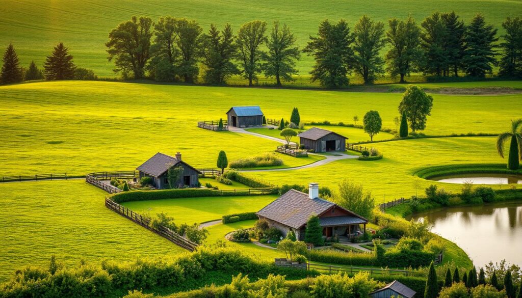 A lush, verdant plot of land, surrounded by rolling hills and a serene pond. In the foreground, a cozy country house nestled amidst flourishing gardens, its rustic charm complemented by a well-maintained fence and neatly trimmed hedges. The middle ground features a small barn or outbuilding, its weathered wooden structure adding to the pastoral ambiance. In the background, a line of towering trees sway gently in the breeze, casting soft shadows across the scene. The lighting is soft and natural, with warm hues from the setting sun filtering through the landscape. The overall atmosphere evokes a sense of tranquility and rural idyll, perfectly capturing the essence of a residential homestead plot.