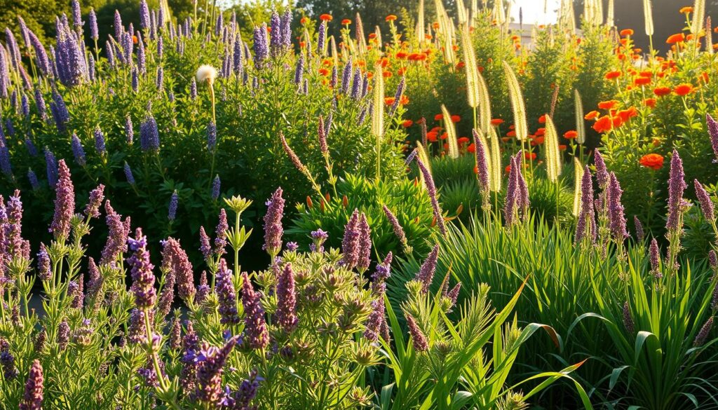 A lush, vibrant garden filled with an array of plants that naturally repel cats. In the foreground, clusters of strongly scented herbs like lavender, rosemary, and lemongrass sway gently in a soft breeze. In the middle ground, tall, dense bushes of thorny barberries and spiny holly plants create an impenetrable barrier. Behind them, a backdrop of tall, fragrant flowers like marigolds and citronella plants adds pops of color and an extra layer of protection. The scene is illuminated by warm, golden sunlight, casting long shadows and creating a sense of tranquility and harmony. The overall composition suggests an effective, eco-friendly solution to deter cats from the garden, without causing them harm.
