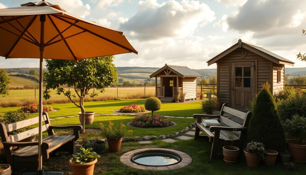 A lush, vibrant recreational plot in the countryside. In the foreground, a cozy seating area with a rustic wooden bench and patio umbrella, surrounded by potted plants and a small water feature. The middle ground features a well-maintained lawn dotted with colorful flower beds and a neatly pruned fruit tree. In the background, a charming wooden shed with a classic gabled roof, set against a backdrop of rolling hills and a tranquil sky with fluffy white clouds. The lighting is warm and golden, creating a serene, inviting atmosphere. The composition is balanced and harmonious, capturing the essence of a beautifully curated recreational plot.