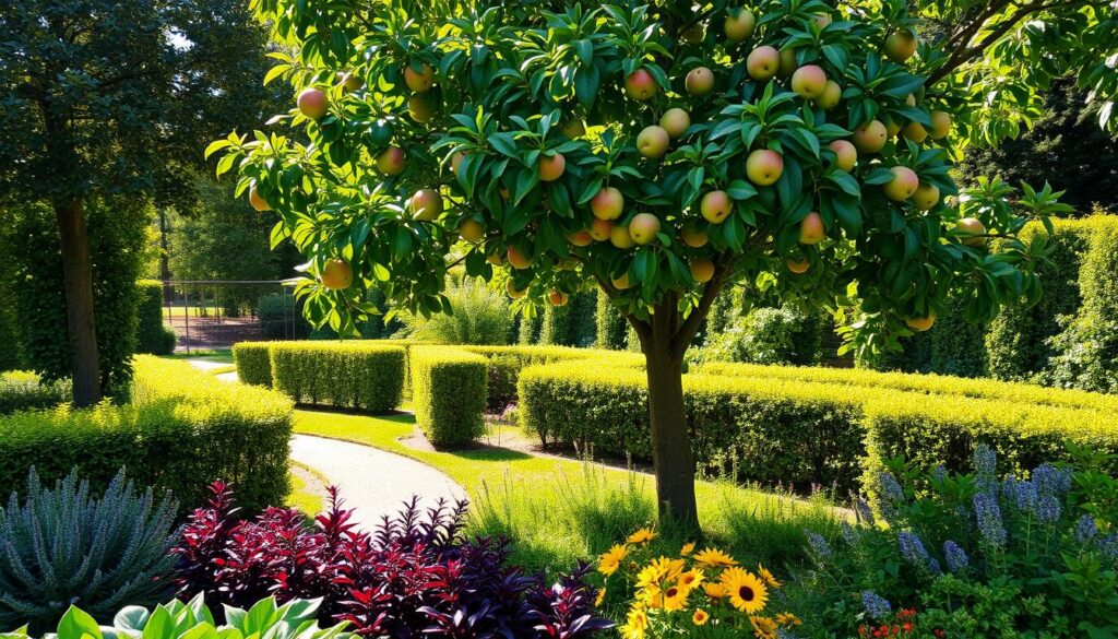 A lush, well-organized garden with a focal point of a thriving apple tree, its branches laden with ripe, juicy fruit. The tree stands tall against a backdrop of verdant foliage, complemented by neatly trimmed hedges and a gently winding path leading visitors through the space. Dappled sunlight filters through the canopy, casting a warm, golden glow over the scene. In the foreground, a selection of carefully chosen companion plants, their vibrant colors and textures creating a harmonious and visually appealing layout. The overall composition conveys a sense of balance, productivity, and a deep appreciation for the natural world. A lush, well-organized garden with a focal point of a thriving apple tree, its branches laden with ripe, juicy fruit. The tree stands tall against a backdrop of verdant foliage, complemented by neatly trimmed hedges and a gently winding path leading visitors through the space. Dappled sunlight filters through the canopy, casting a warm, golden glow over the scene. In the foreground, a selection of carefully chosen companion plants, their vibrant colors and textures creating a harmonious and visually appealing layout. The overall composition conveys a sense of balance, productivity, and a deep appreciation for the natural world.