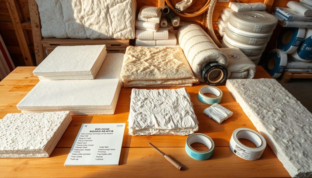 A meticulously curated selection of thermal insulation materials spread out on a wooden workbench, showcasing their varying textures, densities, and R-values. The foreground features samples of rigid foam boards, fiberglass batts, and blown-in cellulose, each labeled with their respective thermal performance characteristics. The middle ground displays rolls of reflective insulation and insulating tapes, while the background reveals an array of insulation accessories like sealing caulks and vapor barriers. Warm, natural lighting casts subtle shadows, emphasizing the tactile qualities of the materials and creating a sense of depth. The overall composition conveys a thoughtful, informative display of the key elements involved in selecting the optimal insulation solution for a 150 m2 home. A meticulously curated selection of thermal insulation materials spread out on a wooden workbench, showcasing their varying textures, densities, and R-values. The foreground features samples of rigid foam boards, fiberglass batts, and blown-in cellulose, each labeled with their respective thermal performance characteristics. The middle ground displays rolls of reflective insulation and insulating tapes, while the background reveals an array of insulation accessories like sealing caulks and vapor barriers. Warm, natural lighting casts subtle shadows, emphasizing the tactile qualities of the materials and creating a sense of depth. The overall composition conveys a thoughtful, informative display of the key elements involved in selecting the optimal insulation solution for a 150 m2 home.