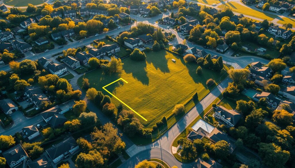 A meticulously detailed aerial view of a lush suburban neighborhood, with a central focus on a residential plot of land. The plot is highlighted, showcasing its boundaries and key infrastructural elements such as access roads, utility lines, and any potential outbuildings. The image is bathed in warm, golden-hour sunlight, casting long shadows and creating a sense of depth and dimensionality. The surrounding homes and landscaping are rendered in a realistic, yet stylized manner, providing context and a sense of place. The overall composition conveys a sense of investigation and analysis, inviting the viewer to closely inspect the property and its associated financial obligations.