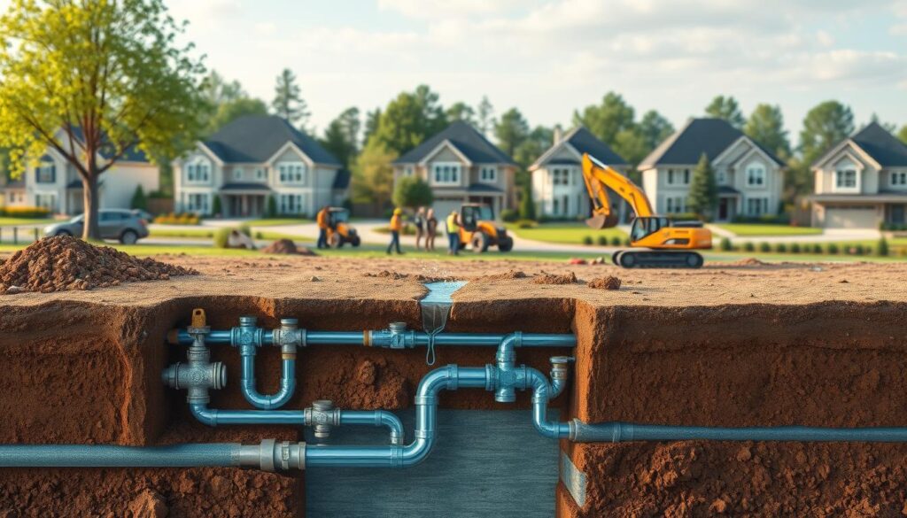 A meticulously detailed illustration of the cost of connecting a residential plot of land to the municipal water supply in the year 2025. The foreground showcases a cutaway view of the ground, revealing the intricate network of underground pipes, valves, and fittings necessary for the water infrastructure. The middle ground depicts construction workers and heavy machinery in the process of excavating and installing the water lines. The background features a suburban neighborhood, with neatly landscaped homes and lush greenery, setting the scene for this essential residential development. The lighting is natural, with warm tones and soft shadows, conveying a sense of progress and investment in the property. The overall atmosphere is one of precision, efficiency, and the practical realities of modern real estate development.