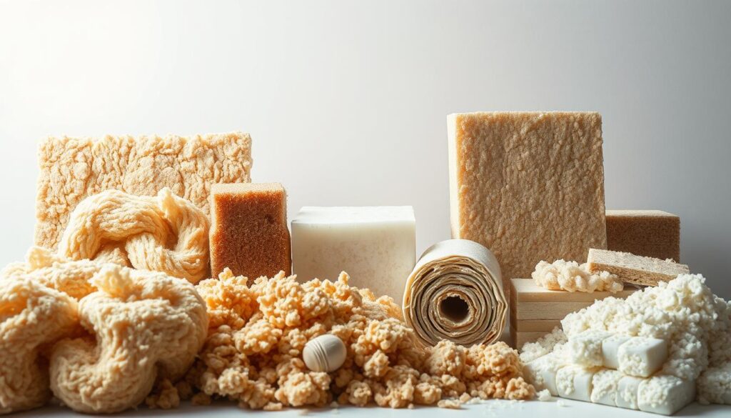 A meticulously detailed still life arrangement of various insulation materials in a well-lit studio setting. The foreground features an assortment of fibrous insulation batts, rigid foam panels, and loose-fill insulation in natural earth-toned colors. The middle ground showcases the textural surfaces and cross-sections of these materials, highlighting their unique thermal and acoustic properties. In the background, a subtle gradient of soft, diffused lighting illuminates the scene, creating a sense of depth and materiality. The overall composition conveys the technical and functional aspects of these insulation solutions, presenting them in an aesthetic and informative manner suitable for an architectural or construction-focused article.