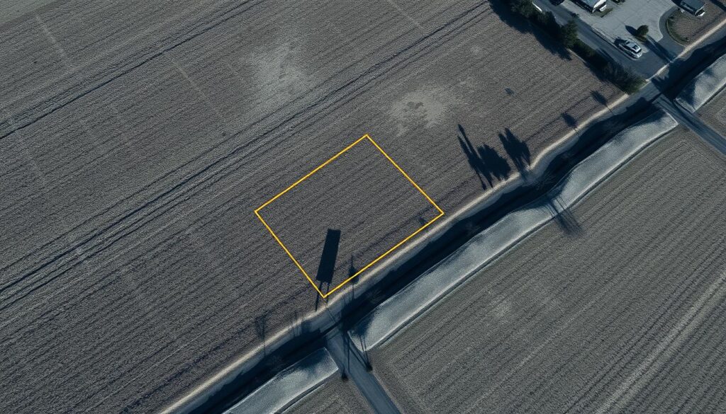 A meticulously documented aerial survey of a disputed property boundary, complete with precise measurements, geospatial coordinates, and photographic evidence. Crisp, high-resolution imagery captured by a professional-grade drone, revealing the precise delineation of the property line in relation to any encroachments or trespassing. The scene conveys a sense of meticulous attention to detail, with a cool, neutral color palette and a distinct lack of human subjects, allowing the technical documentation to take center stage. Subtle shadows and highlights accentuate the contours of the land, while the overall composition strikes a balance between the clinical precision of the survey and the natural beauty of the landscape.