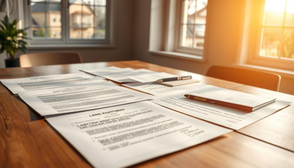 A meticulously organized set of legal documents laid out on a wooden table, bathed in warm, natural light filtering through large windows. The documents include a real estate deed, land registration papers, and other essential forms for the sale of an allotment garden plot (ROD). The scene conveys a sense of professionalism and attention to detail, reflecting the care and diligence required for a successful property transaction. The overall atmosphere is one of clarity, organization, and legal compliance, setting the stage for a seamless sale process.
